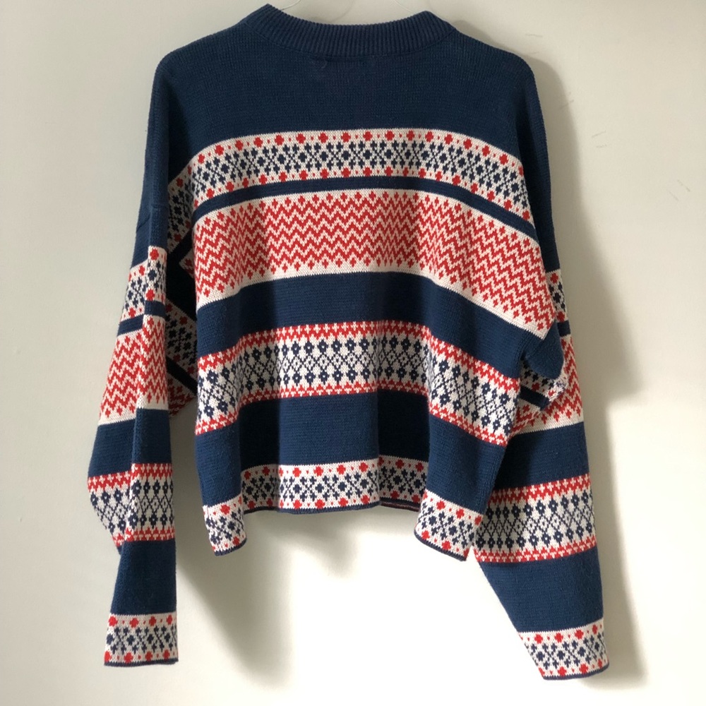Vintage Liz Wear Fair Isle Cropped Sweater Blue Orange Ivory M